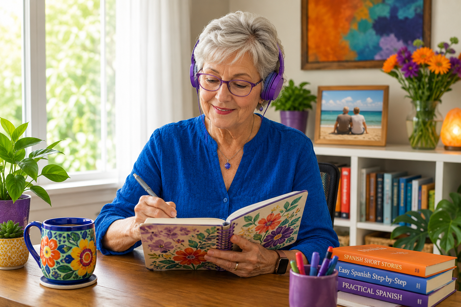 Older woman enjoying a Spanish lesson at home